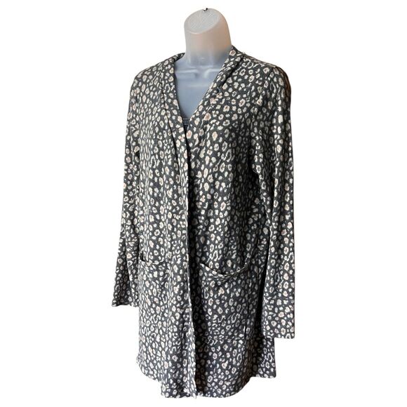 Lazy Sunday Super Soft Gray Animal Print Open Front Long Cardigan Sz M Pockets - Picture 6 of 9